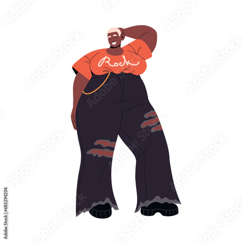 Happy fat woman with overweight problems. Sexy chubby plus size girl in stylish outfit. Curvy chunky character smiles. Body positivity, self acceptance. Flat isolated vector illustration on white
