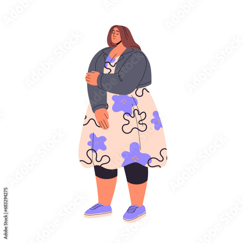 Confused fat woman ashamed about overweight. Plus size girl in casual dress. Shy chubby, plump character. Self acceptance problem, body positive. Flat isolated vector illustration on white background