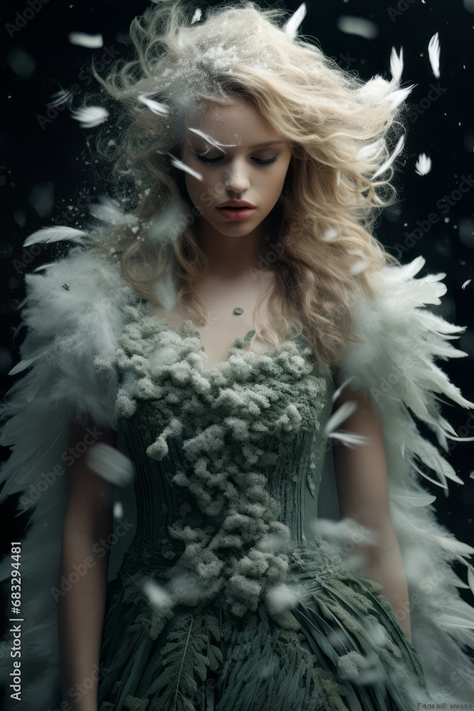 Fantasy portrait of a beautiful girl in a green dress with white wings Fantasy portrait of a beautiful girl in a green dress with white wings
