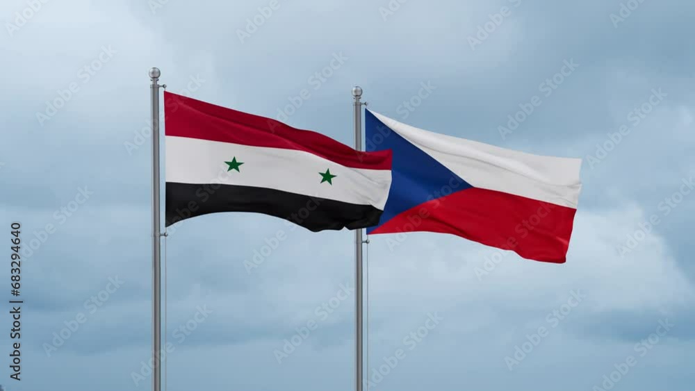 Czech Republic flag and Syria flag waving together on cloudy sky, endless seamless loop, two country relations concept Czech Republic flag and Syria flag waving together on cloudy sky, endless seamless loop, two country relations concept