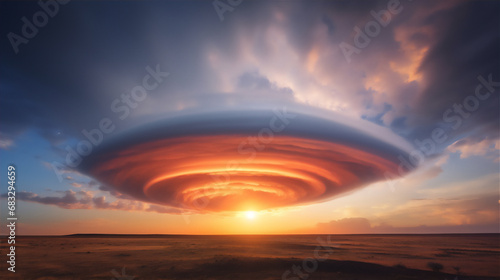 dramatic sky with lenticular clouds and ray of light from the sun in sunset, hyper realistic, dramatic light and shadows, photo