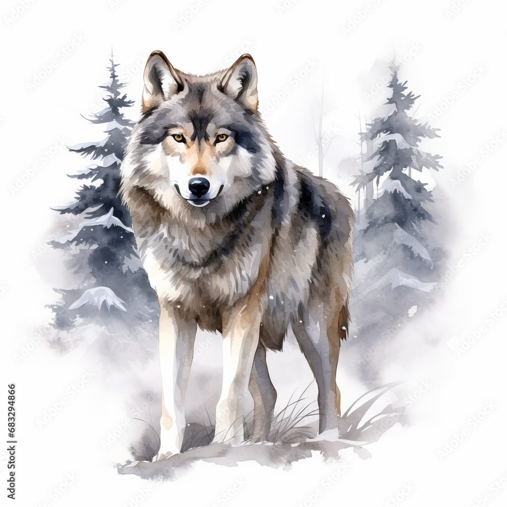 Wolf Aquarell Winter Wald Naturtier Portrait Kunstwerk Wildnis Schnee Szenerie Raubtier Illustration Wandkunst Einrichtungsdekoration Wolf Aquarell Winter Wald Naturtier Portrait Kunstwerk Wildnis Schnee Szenerie Raubtier Illustration Wandkunst Einrichtungsdekoration