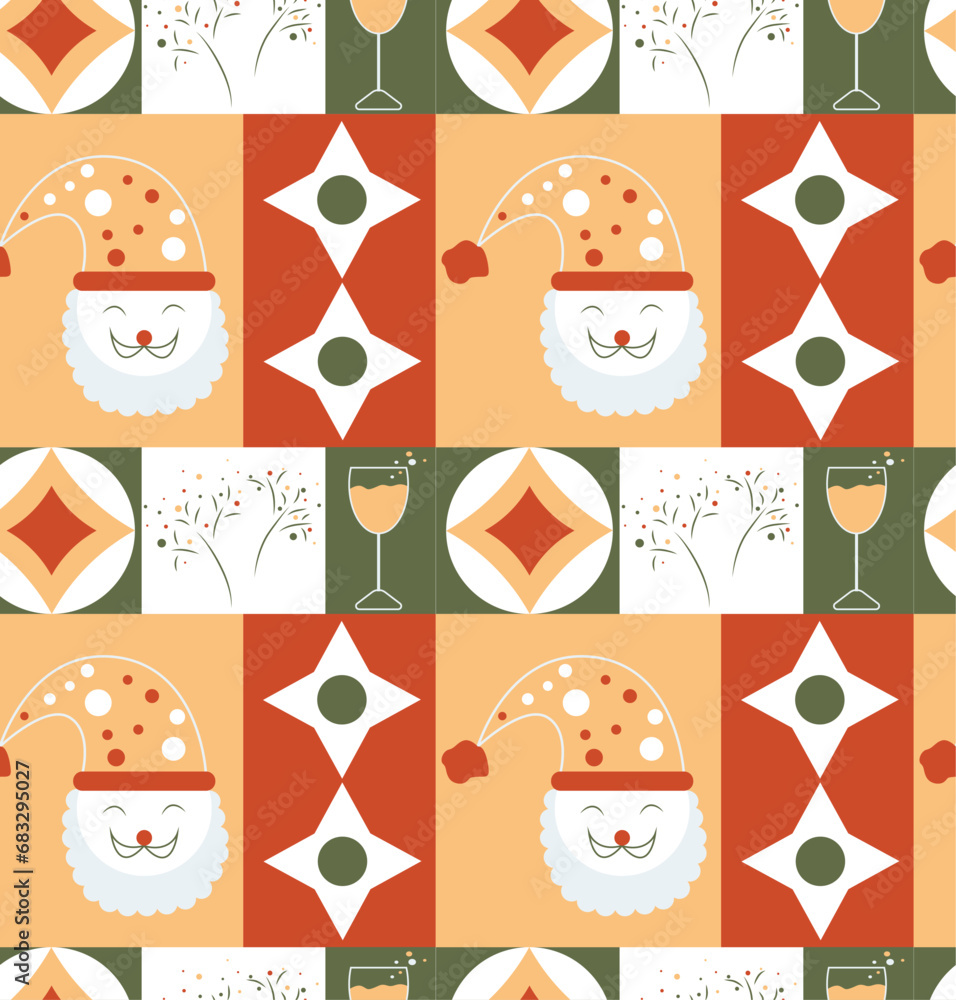 Mosaic with flat icons. Santa Claus, fireworks, glass of champagne and geometric shapes. Seamless pattern in vector. Festive modern pattern. Suitable for gift wrapping, backgrounds and prints. Mosaic with flat icons. Santa Claus, fireworks, glass of champagne and geometric shapes. Seamless pattern in vector. Festive modern pattern. Suitable for gift wrapping, backgrounds and prints.