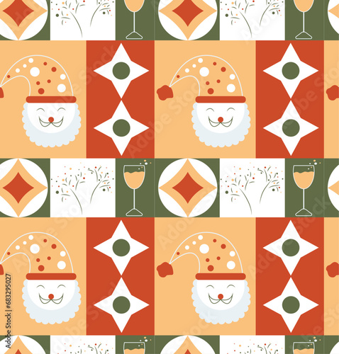 Mosaic with flat icons. Santa Claus, fireworks, glass of champagne and geometric shapes. Seamless pattern in vector. Festive modern pattern. Suitable for gift wrapping, backgrounds and prints.
