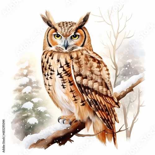 Eule Aquarell Winterbaum Vogelportrait Wildtierkunst Naturillustration Raubvogel Wanddekor Schneebedeckter Ast Kunstliebhaber Geschenkidee Eule Schnee Landschaft photo