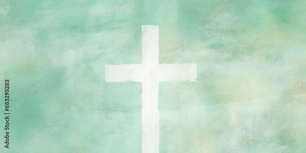 Grungy abstract green and white christian themed background with a cross. Easter concept with room for text.