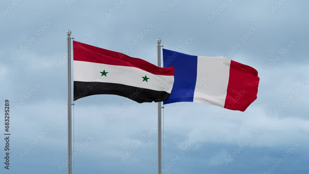France and Syria flags waving together on cloudy sky, endless seamless loop, two country relations concept France and Syria flags waving together on cloudy sky, endless seamless loop, two country relations concept