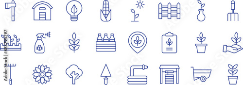 Agriculture and farming outline icons set, including icons such as Hydroponics farm, Planting, Leaf, Fork, Vertical Farming, and more. Vector icon collection