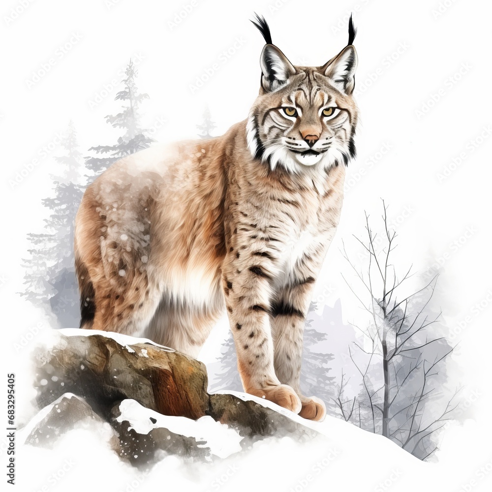 Obraz premium Luchs Aquarell Wildkatze Winterlandschaft Raubtierportrait Schneeszene Naturkunst Elegantes Wandbild Tierbeobachtung Geschenkidee Wildlife Luchs Schnee Landschaft