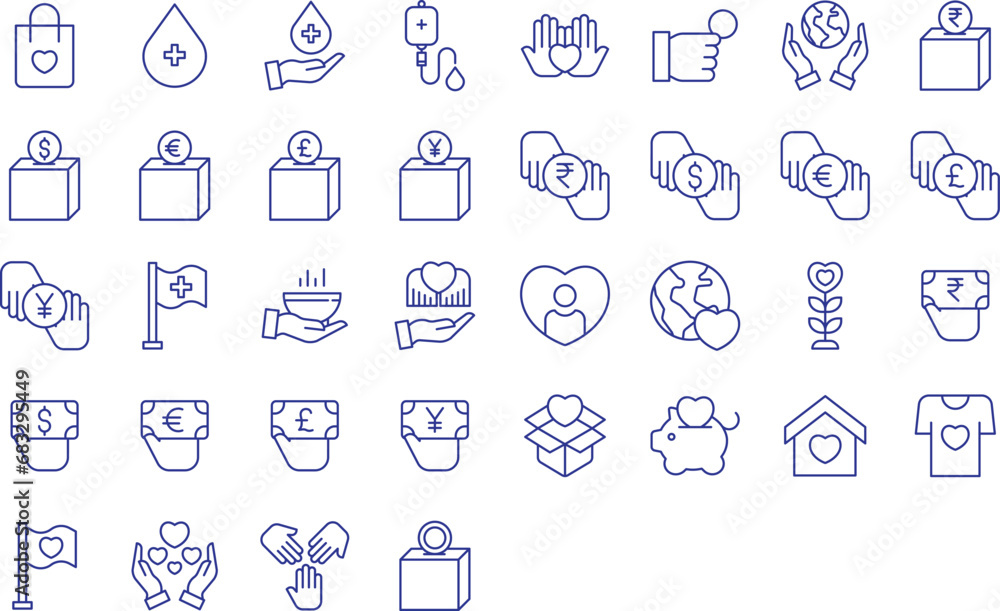 Investment and savings outline icons set, including icons such as money, bank, Donation and more. Vector icon collection