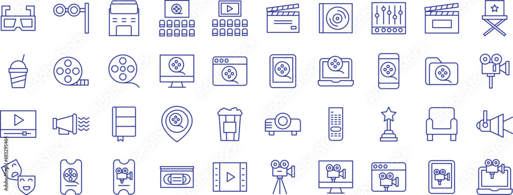 Movie outline icons set, including icons such as cinema, Clapperboard, Controls, Director chair, and more. Vector icon collection Movie outline icons set, including icons such as cinema, Clapperboard, Controls, Director chair, and more. Vector icon collection