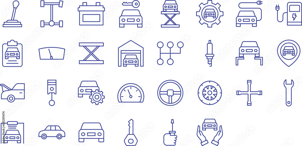 Garage and car service outline icons set, including icons such as Automobile, Axel, Battery, Car Key, Car, and more. Vector icon collection