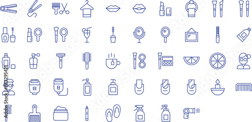 Makeup and Beauty outline icons set, including icons such as Ballerina Nail, Freshener, Eye Liner, Cream, Comb, and more. Vector icon collection