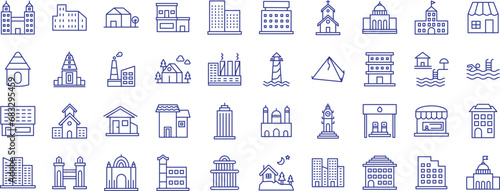 Name outline icons set, including icons such as budding, architect, city, Bank, Office,Factoury, and more. Vector icon collection