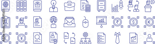Office management outline icons set, including icons such as Agenda, Archive, Book, Brainstorming, Briefcase, Budget, and more. Vector icon collection