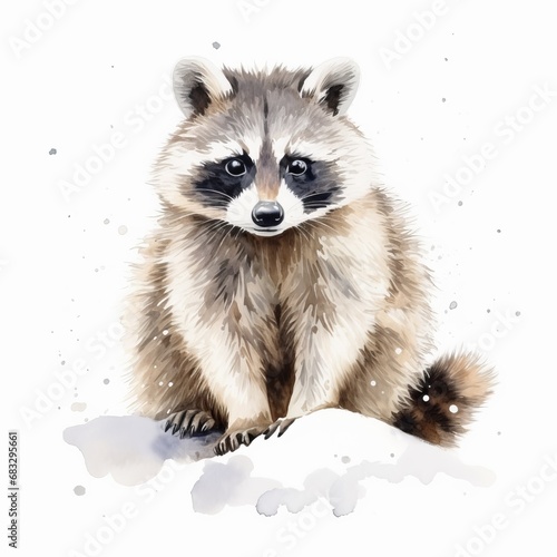 Waschbär Aquarell Illustration Wildtier Portrait Natur Kunst Wandbild Tierliebhaber Geschenk Wohnzimmer Dekor Waschbär Schnee Landschaft