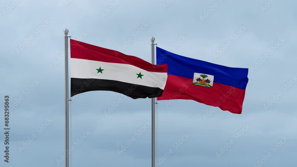 Haiti flag and Syria flag waving together on cloudy sky, endless seamless loop, two country relations concept Haiti flag and Syria flag waving together on cloudy sky, endless seamless loop, two country relations concept