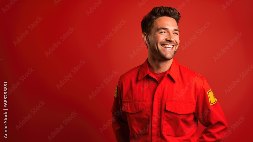 Joyful 25-year-old male firefighter, smiling and laughing, wearing a Bright solid red dress Joyful 25-year-old male firefighter, smiling and laughing, wearing a Bright solid red dress