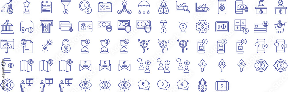Banking and Financial Investment outline icons set, including icons such as Dollar, Search, Euro, Clock, Innovative, and more. Vector icon collection