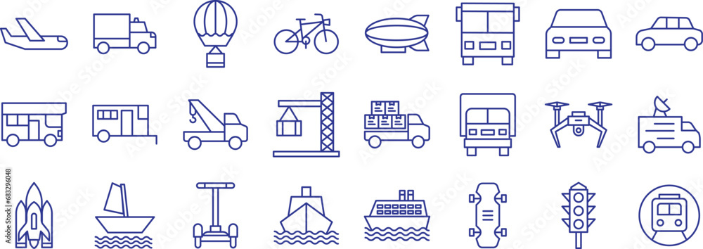 Vehicles outline icons set, including icons such as Ambulance, Balloon, Bicycle, Blimp, Bus, and more. Vector icon collection
