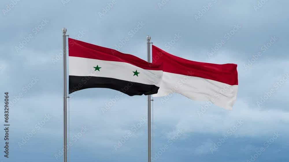 Indonesia flag and Syria flag waving together on cloudy sky, endless seamless loop, two country relations concept Indonesia flag and Syria flag waving together on cloudy sky, endless seamless loop, two country relations concept