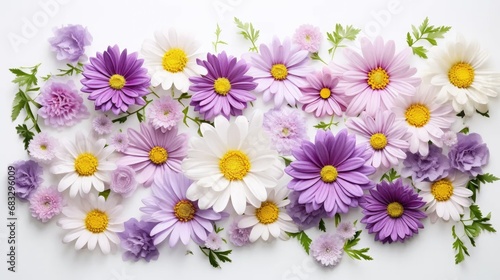 Hello Spring Elegance: beauty of spring with a flat lay featuring daisy and lilac flowers.