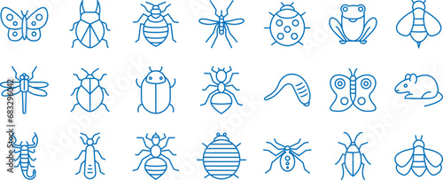 Insects outline icons set, including icons such as Ant, Bed bugs, Bees, Cockroach, Dragonfly, and more. Vector icon collection