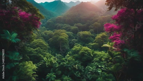 illustration of a beautiful view of a tropical forest from a bird's eye view