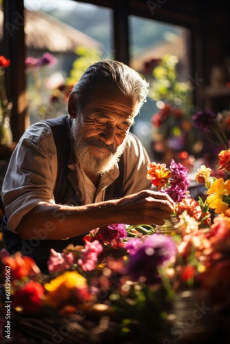 Vendor arranging bundles of freshly cut flowers in a colorful and inviting display, Generative AI © Shooting Star Std