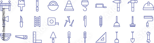 Tools outline icons set, including icons such as Barricade, Crane, Hacksaw, Icon, Hammer, and more. Vector icon collection