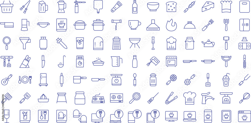Kitchen appliances and cooking outline icons set, including icons such as Kettle, Knife, Kitchen, Pan, Saucepan, Rolling Pin, and more. Vector icon collection