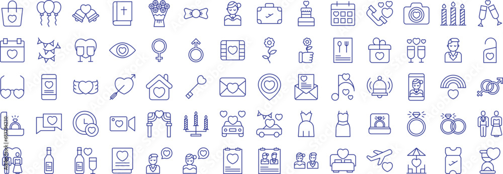 Wedding outline icons set, including icons such as Bag, Ballon, Bed, Book, Bride, Bouquet, Decoration, and more. Vector icon collection