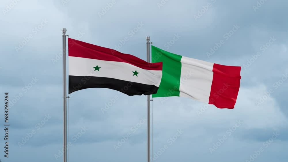 Italy and Syria flag waving together on cloudy sky, endless seamless loop, two country cooperation concept Italy and Syria flag waving together on cloudy sky, endless seamless loop, two country cooperation concept