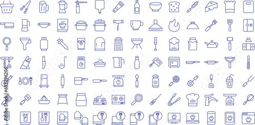 Kitchen appliances and cooking outline icons set, including icons such as Kettle, Knife, Kitchen, Pan, Saucepan, Rolling Pin, and more. Vector icon collection