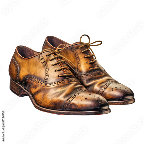 pair of male fashion brown boots isolated on transparent background, antique, vintage, png file, clipping path, Brown full grain leather shoe,