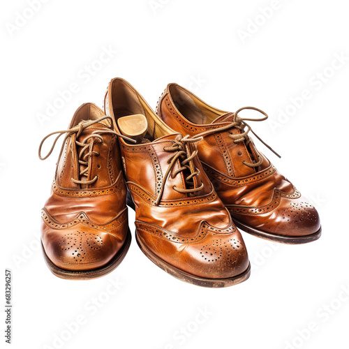 Three of male fashion brown boots isolated on transparent background, antique, vintage, png file, clipping path, Brown full grain leather shoe,