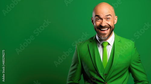 Ecstatic 42 years old male teacher, grinning, wearing a Bright solid green dress