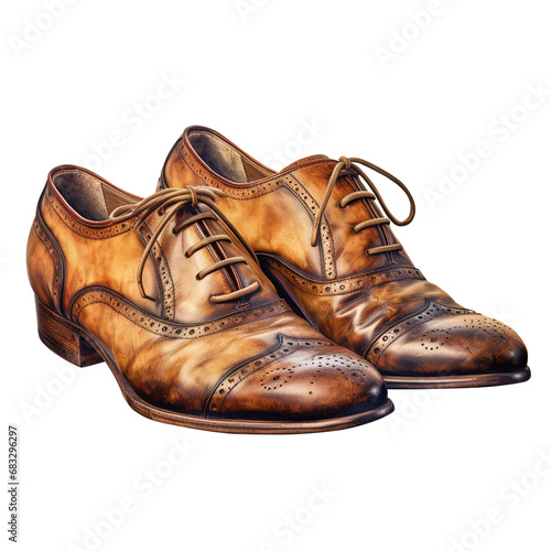 pair of male fashion brown boots isolated on transparent background, antique, vintage, png file, clipping path, Brown full grain leather shoe, 