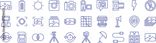 Photography outline icons set, including icons such as Add Photo, Battery, Brightness, Camera, Flash, and more. Vector icon collection