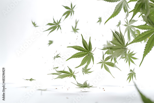 Green hemp leaves falling on white background