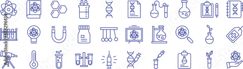Science and experiments outline icons set, including icons such as Physics, Atom, Cells, Dna, Magnet, Journal, Sprout, Syringe, and more. Vector icon collection