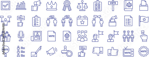 Election campaign and voting outline icons set  including icons such as Accept  Balance  Analysis  Checklist  Communication  Microphone  Pick    and more. Vector icon collection
