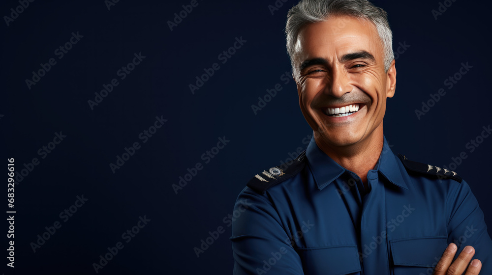 Optimistic 55-year-old male pilot, smiling and laughing, wearing a Bright solid indigo dress Optimistic 55-year-old male pilot, smiling and laughing, wearing a Bright solid indigo dress