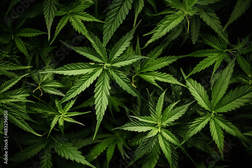 Natural background of green cannabis leaves on a dark background, top view