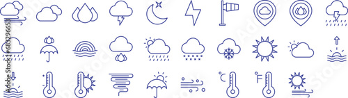 Weather forecasting outline icons set, including icons such as Celsius, Clouds, Droplets, Flash, Lightning, Moon, Rain, and more. Vector icon collection