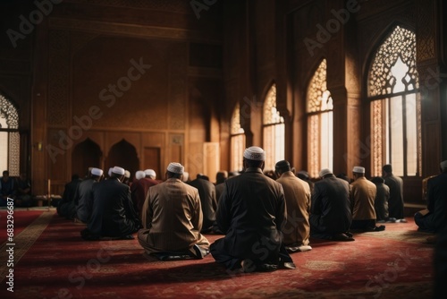 Rear view of men praying in a mosque. Muslims, religion Islam, God concepts.