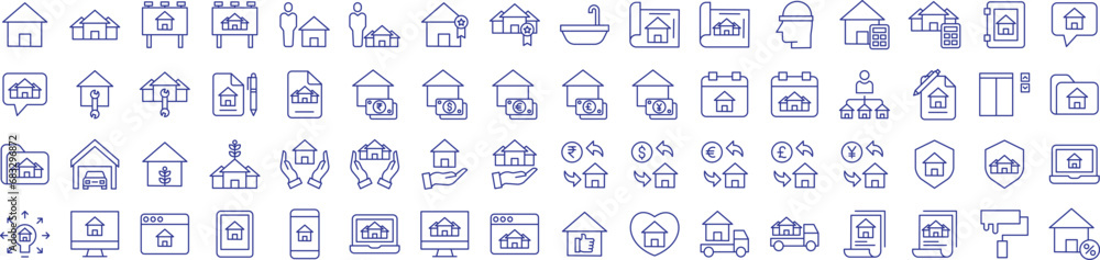 Property and real estate outline icons set, including icons such as Award, Bath tub, Broker, Chat, Builder, and more. Vector icon collection