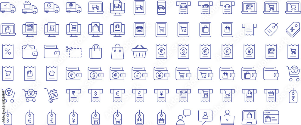 Online shopping outline icons set, including icons such as Bag, Delivery Truck, Customer chat,, and more. Vector icon collection