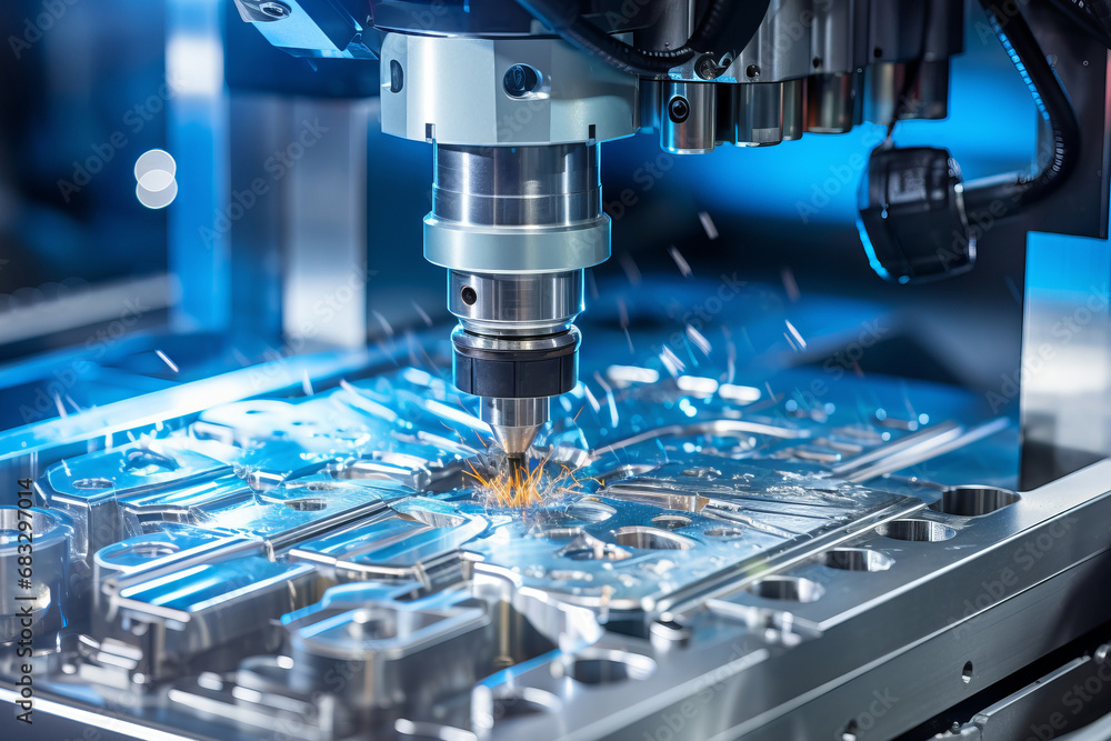 Close-up of a CNC metal milling machine. High-tech processing concept Close-up of a CNC metal milling machine. High-tech processing concept