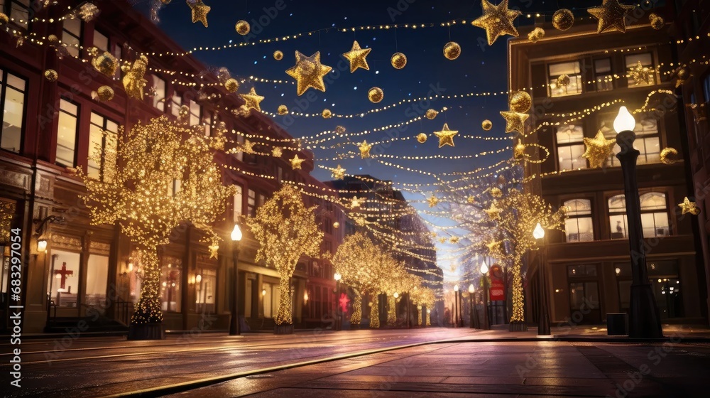 enchanting glow of a stylish Christmas golden star, festive baubles, and magical lights adorning a building at a holiday market.